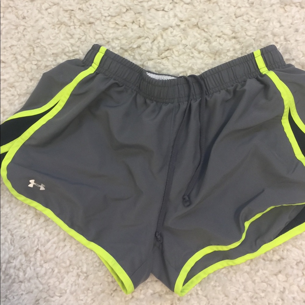 Grey and neon yellow Under Armour athletic shorts